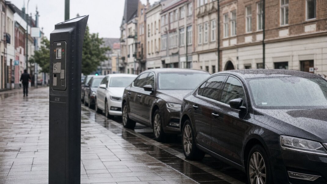 Parkovisko v Trenčíne s autami a parkovacími automatmi