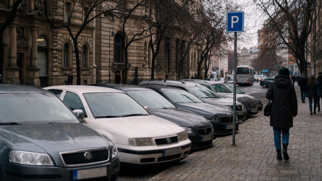 Parkovisko v Bratislave Staré Mesto s autami zaparkovanými mimo spoplatnených hodín