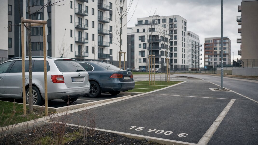 Parkovacie miesto pred novostavbou v Bratislave s cenovkou a nápisom DPH