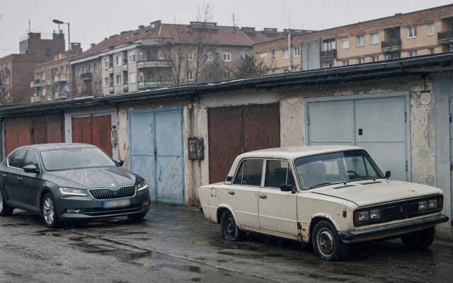 Garážové státie v Bratislave s autami a okolitou zástavbou