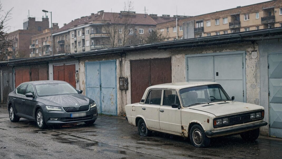 Garážové státie v Bratislave s autami a okolitou zástavbou