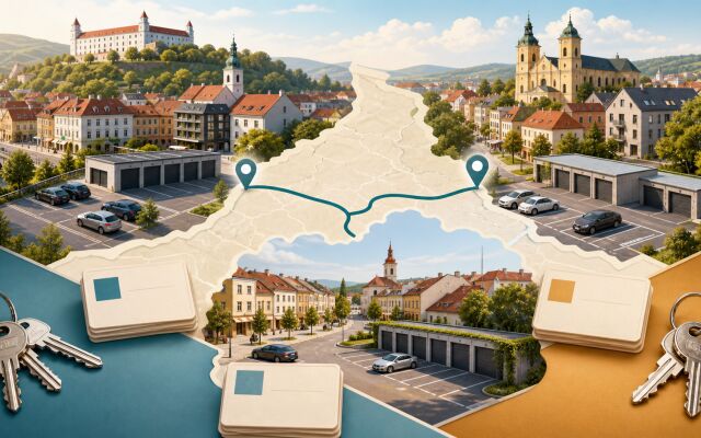 Tri mestské štvrte s garážami prepojené mapou, porovnávacími kartami a kľúčmi – ilustračný obrázok.