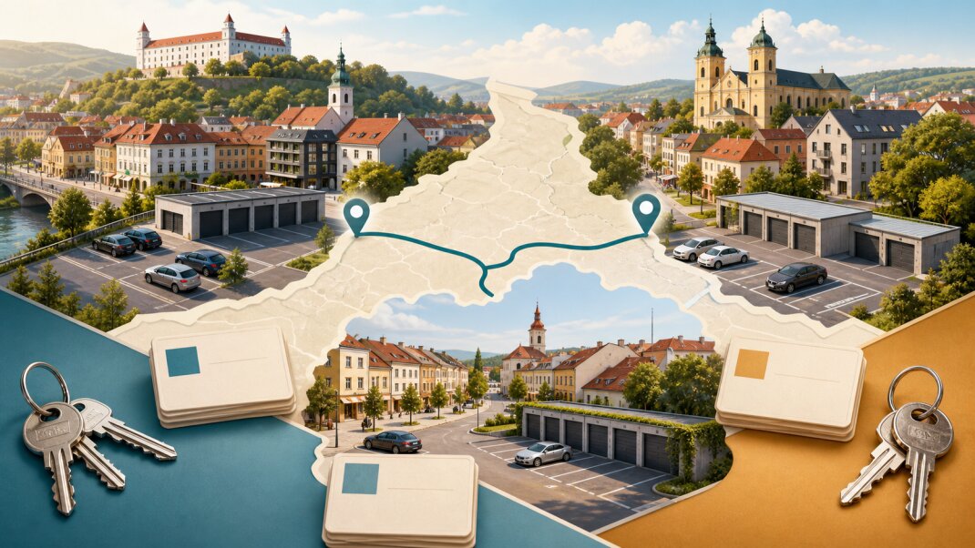 Tri mestské štvrte s garážami prepojené mapou, porovnávacími kartami a kľúčmi – ilustračný obrázok.