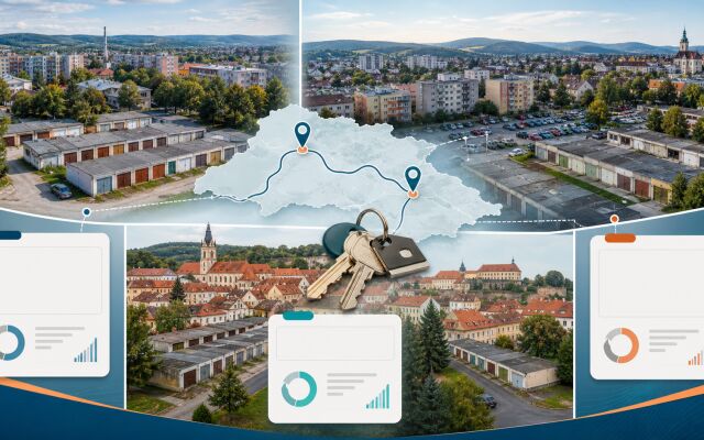 Tri východoslovenské mestá s garážami prepojené mapou a analytickými kartami – ilustračný obrázok.
