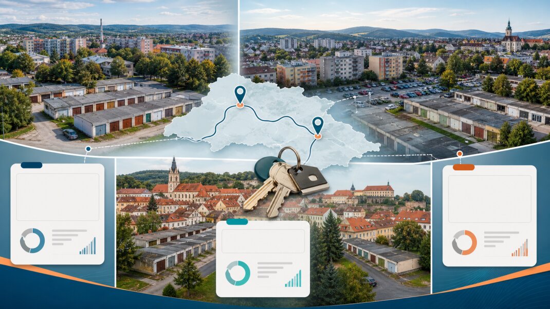 Tri východoslovenské mestá s garážami prepojené mapou a analytickými kartami – ilustračný obrázok.