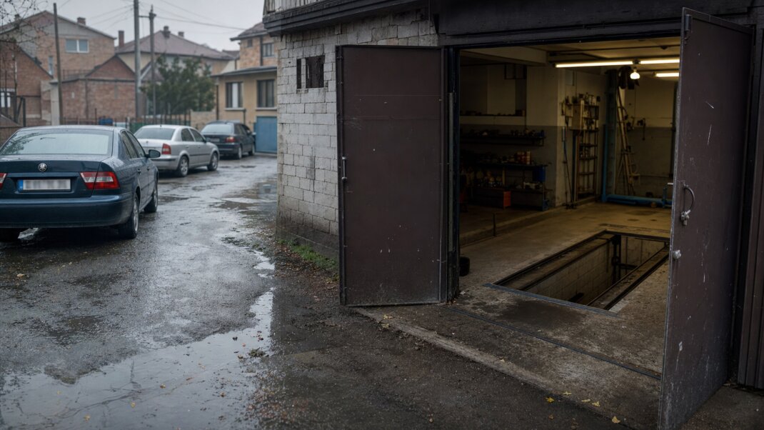 Montážna jama v garáži v Trenčianskom kraji s automobilom a náradím