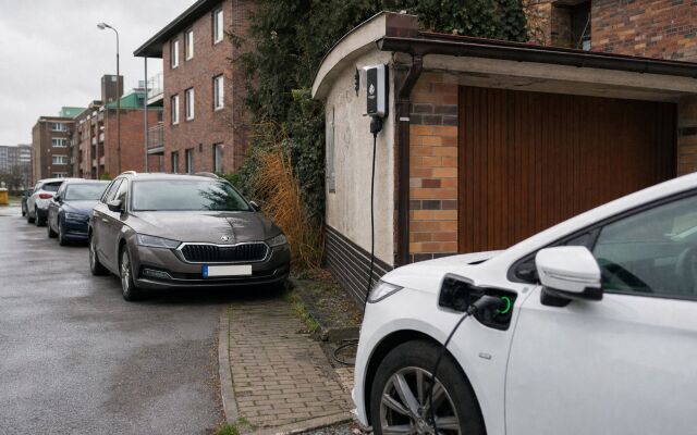 Elektromobil nabíjajúci sa v garáži s wallboxom v slovenskej urbanizácii