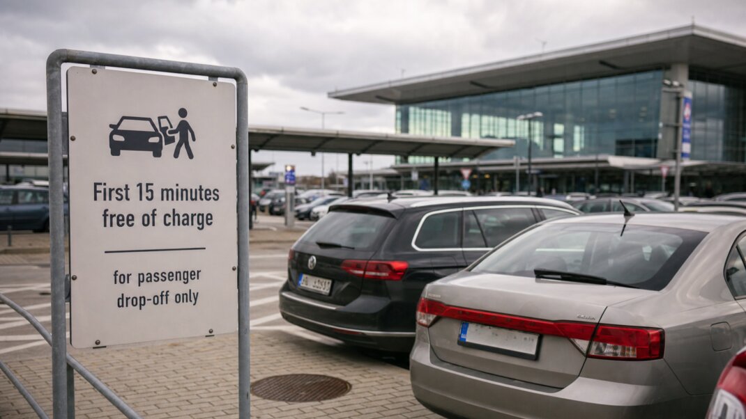 Parkovisko na Letisku Bratislava s autami a terminálom v pozadí
