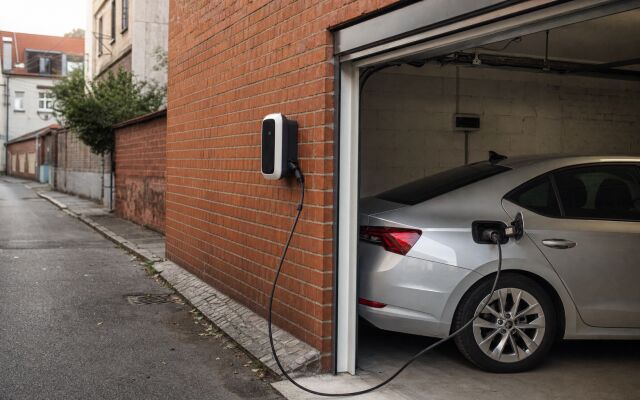 Nabíjacia stanica pre elektromobily v garáži s moderným interiérom