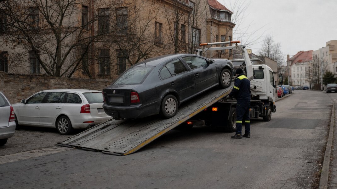 Vodič pred záchytným parkoviskom s odtiahnutým autom v Bratislave