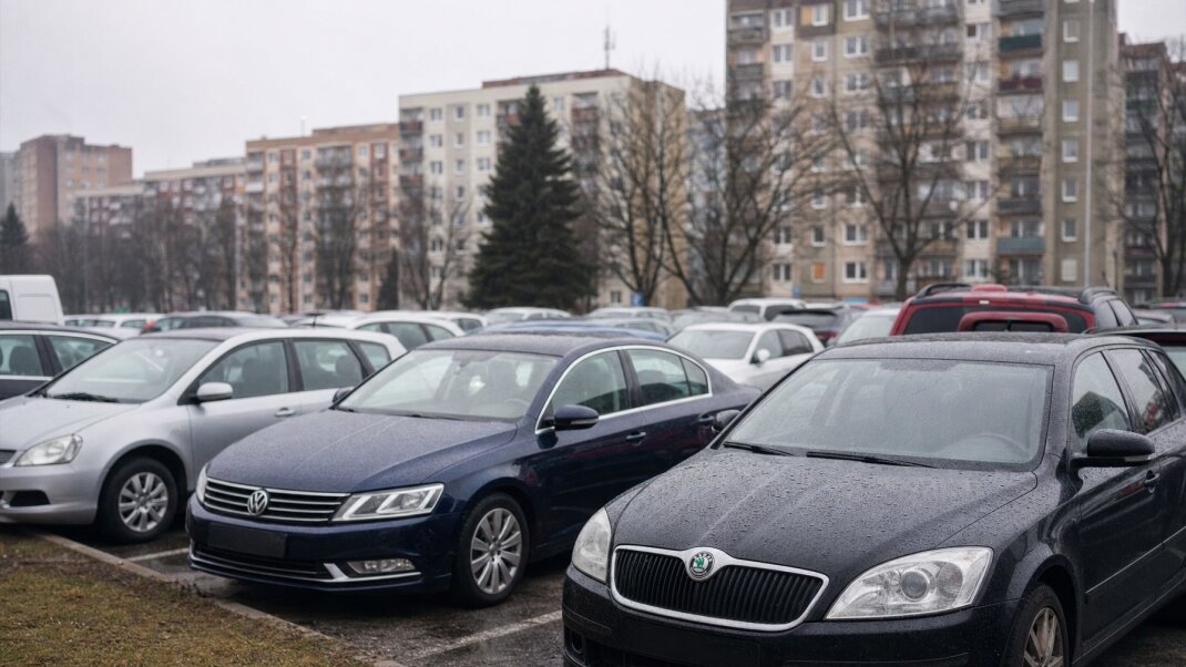 Preplnené parkovisko v Bratislave s automobilmi a mestskou architektúrou