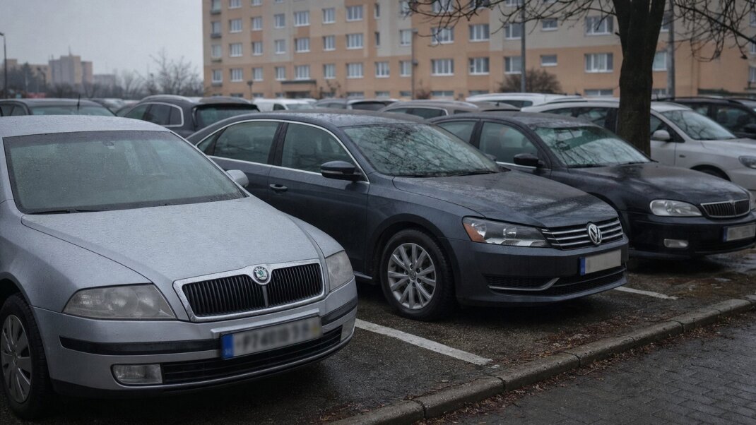 Vonkajšie parkovisko s autami v Bratislave, znázorňujúce preferencie pri prenájmoch a predaji