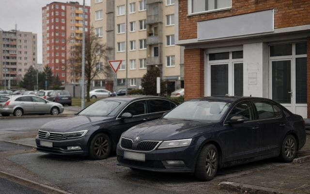 Preplnené parkovisko v Bratislave s rôznymi autami a inzerátmi na parkovanie