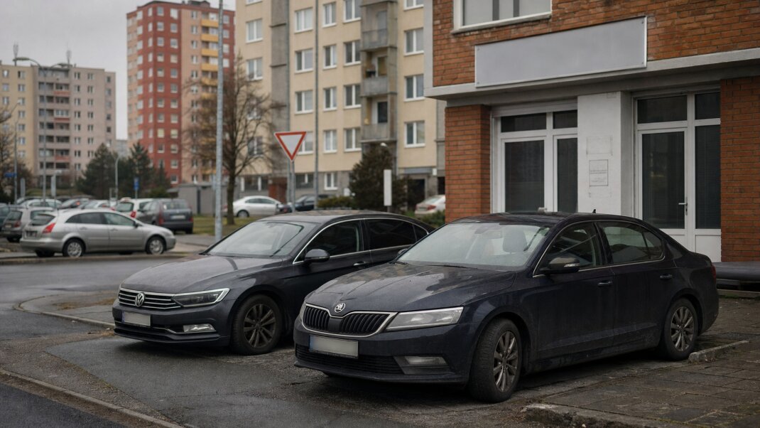 Preplnené parkovisko v Bratislave s rôznymi autami a inzerátmi na parkovanie