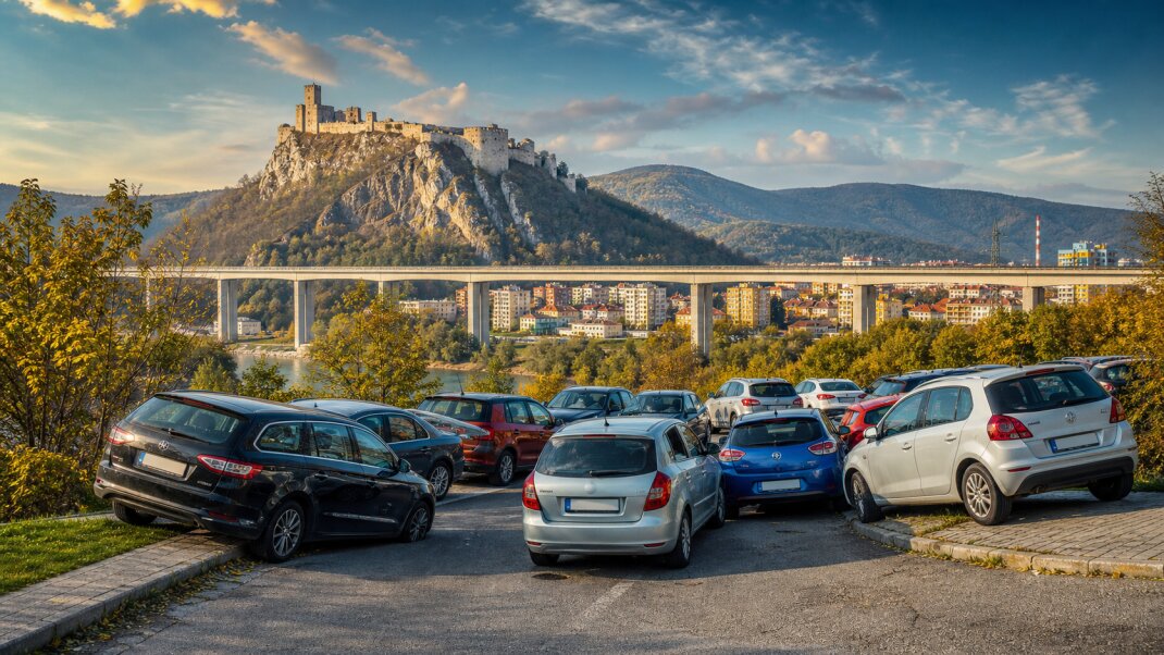 Ilustračný pohľad na Považský hrad, diaľničný viadukt a Považskú Bystricu s autami zaparkovanými nadivoko v popredí.