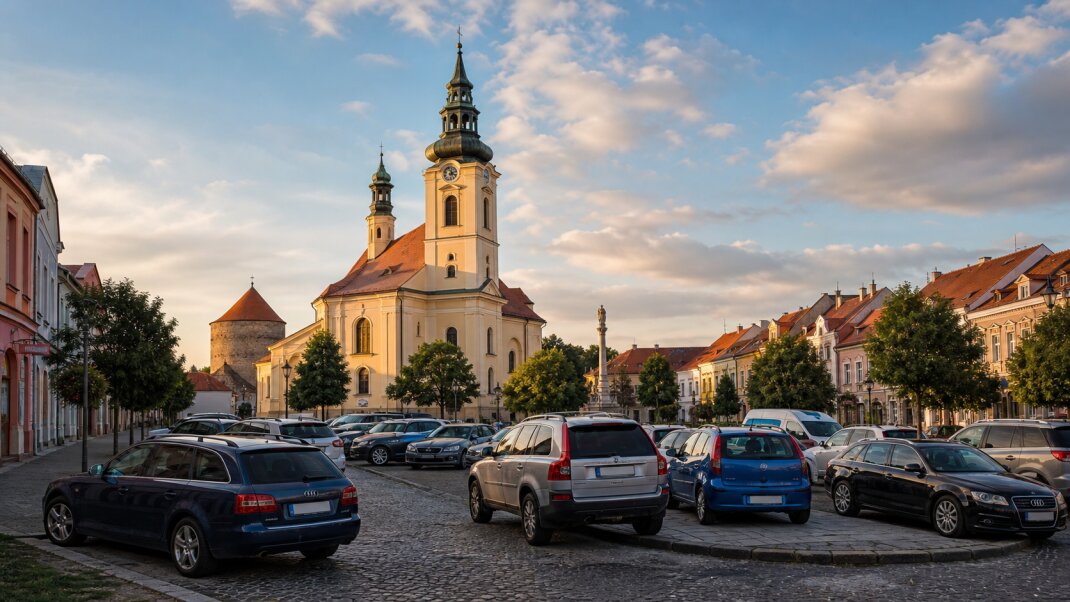 Ilustračný pohľad na Kostol svätého Michala a historické centrum Skalice s nepravidelne zaparkovanými autami v popredí.
