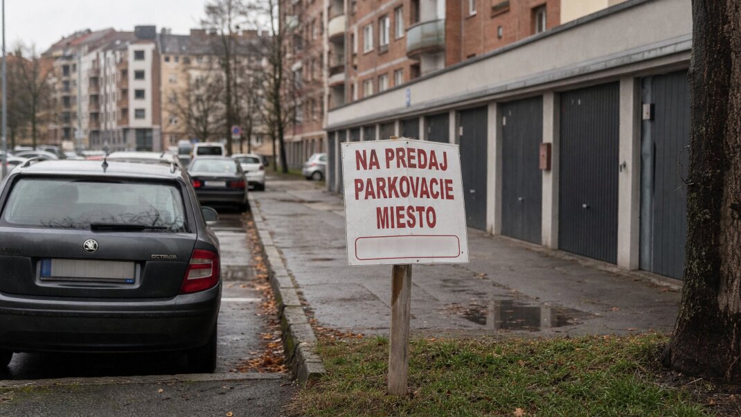 Parkovacie miesto pred novostavbou v Bratislave s autami zaparkovanými na ulici