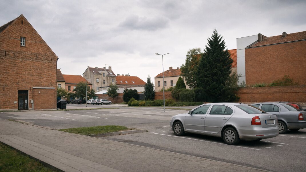 Parkovacie miesto na predaj v Senci s cenovkami a okolitými budovami