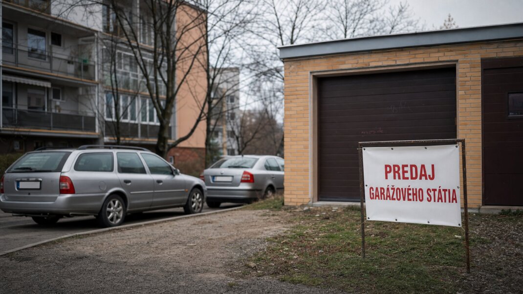 Parkovacie miesto na predaj v Trenčíne s garážou a autami v pozadí