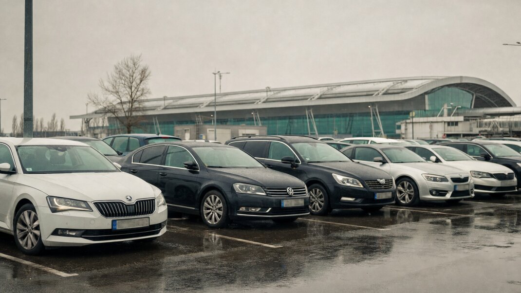 Parkovisko pri bratislavskom letisku s autami a terminálom v pozadí