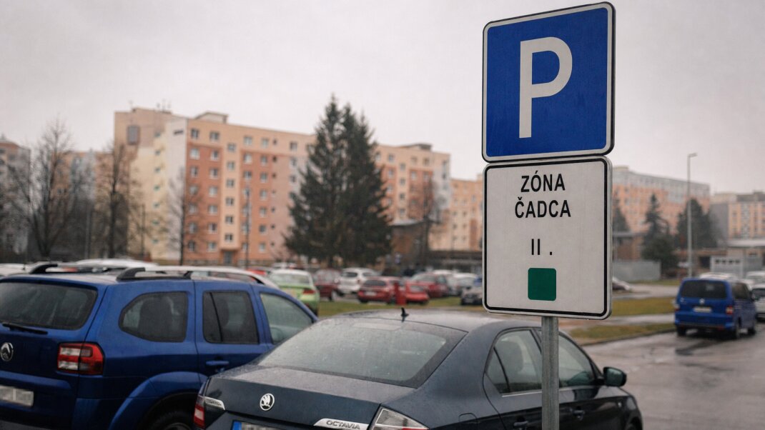 Parkovacie zóny a cenník v Čadci s autami zaparkovanými na ulici
