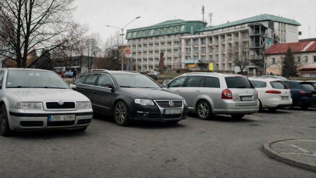Parkovacie miesta v centre Dolného Kubína s výhľadom na miestne budovy.