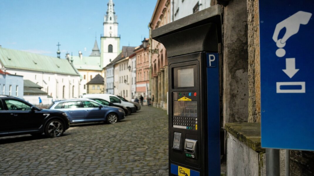 Regulované parkovisko v Kremnici s autami pred historickým jadrom