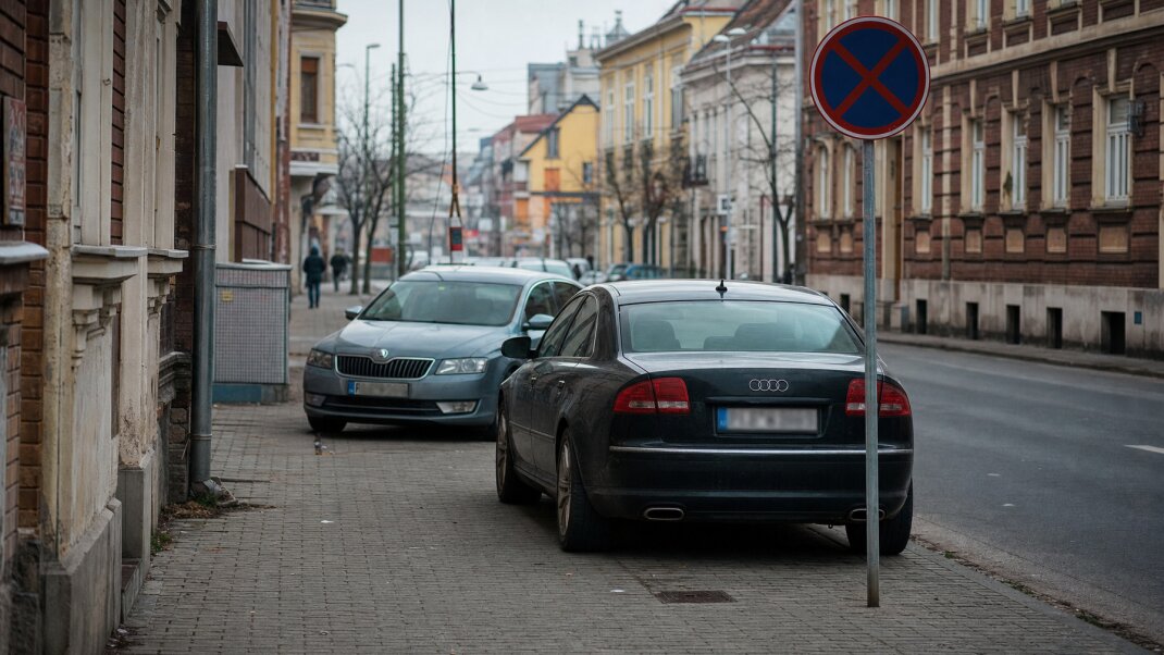 Parkovanie na chodníku v Bratislave s dopravnými značkami a vozidlami