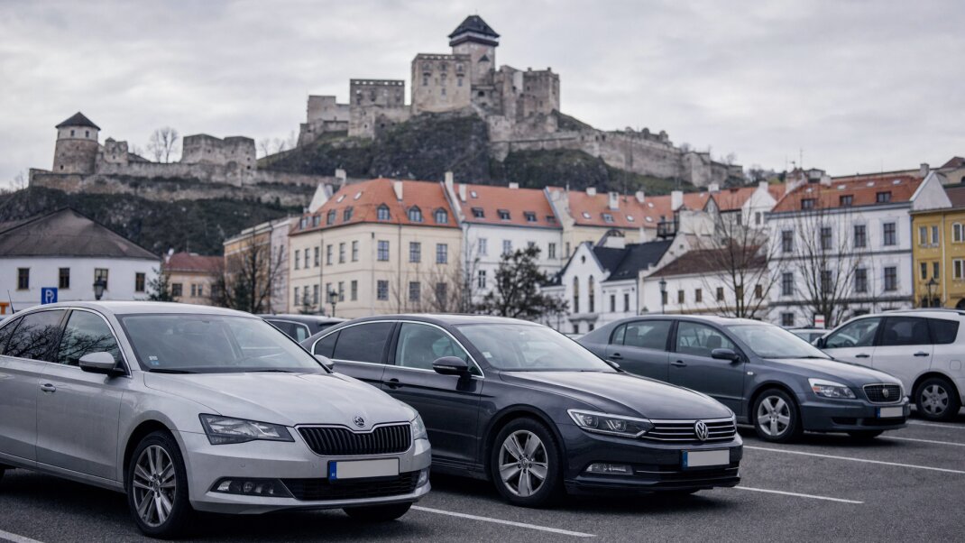 Parkovisko pri Trenčianskom hrade s výhľadom na mesto a hrad