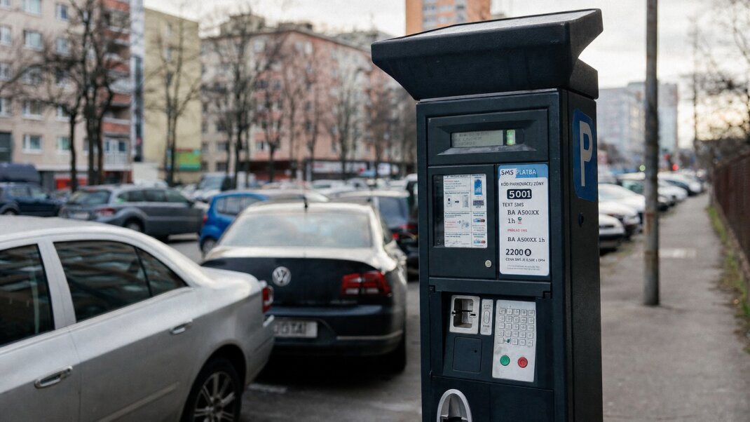 Parkovanie v Bratislave cez SMS s vozidlom na ulici a parkovacími značkami