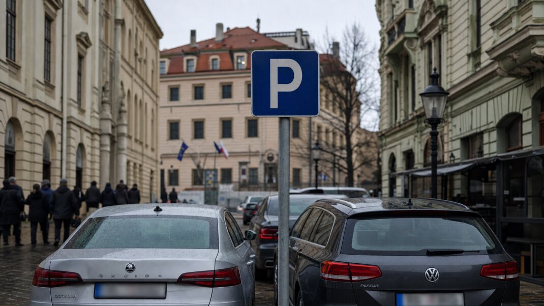 Parkovacie miesta v centre Bratislavy s výhľadom na historické budovy