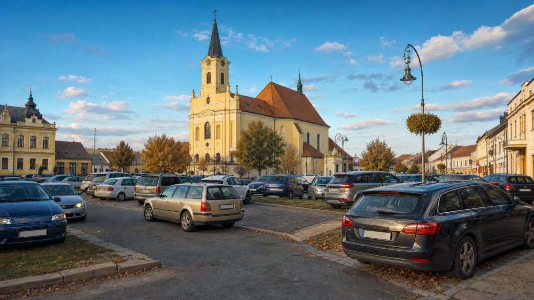Ilustračný pohľad na Kostol svätého Juraja a centrum Dunajskej Stredy s chaoticky zaparkovanými autami v popredí.