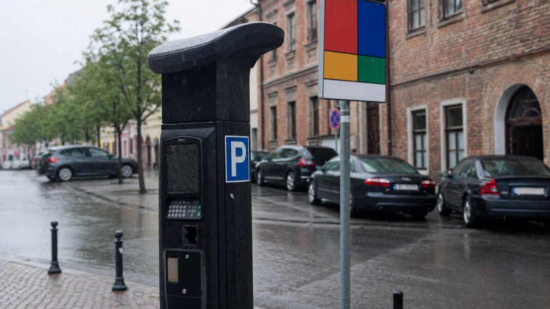 Parkovacie miesta v Kežmarku s označením farebných zón a turistami v okolí