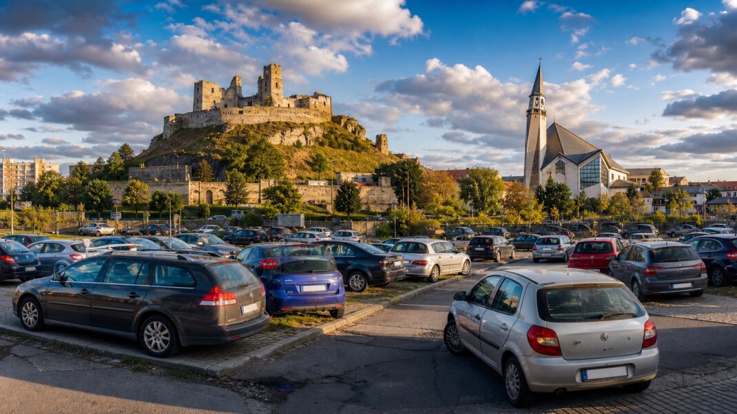 Ilustračný pohľad na Levický hrad a panorámu Levíc s nepravidelne zaparkovanými autami v popredí.