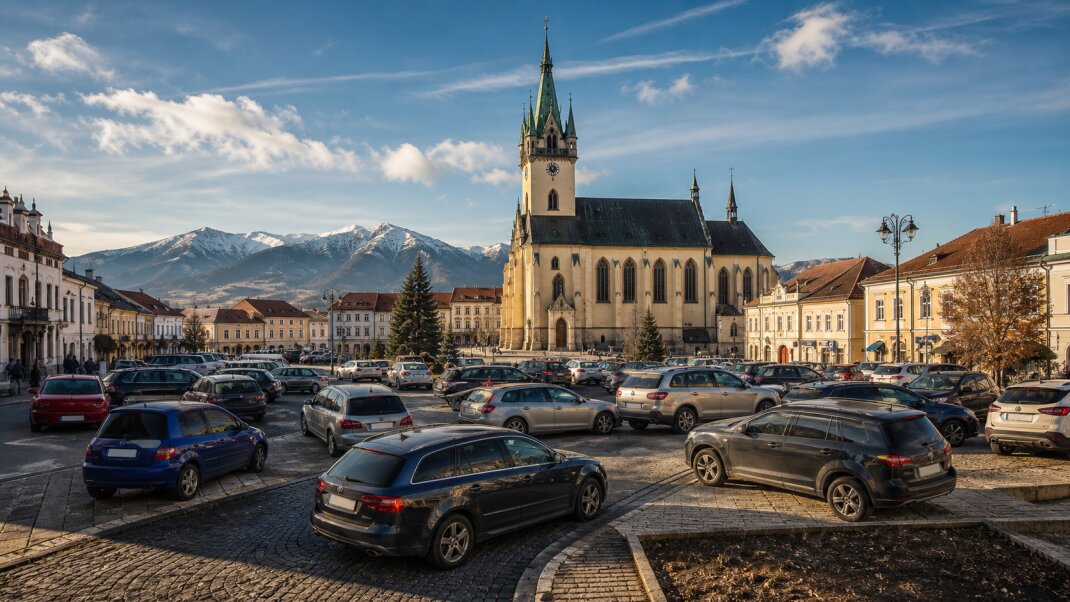 Ilustračný pohľad na Kostol svätého Mikuláša a centrum Liptovského Mikuláša s autami zaparkovanými nadivoko v popredí.