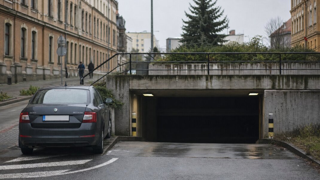 Podzemné parkovanie v Bratislave s autami a modernou architektúrou okolo