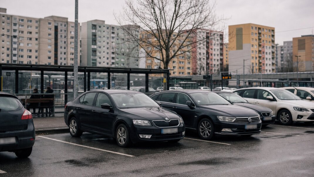 Parkovisko P+R s autami a verejnou dopravou v Bratislave