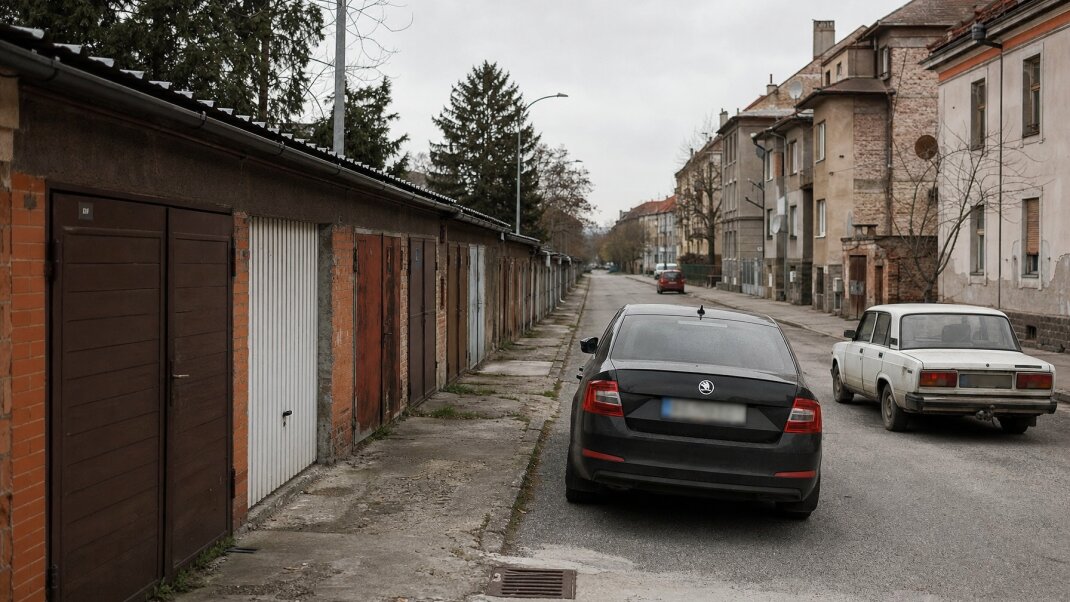 Garážové státie v Košiciach - Sever s autami zaparkovanými na ulici