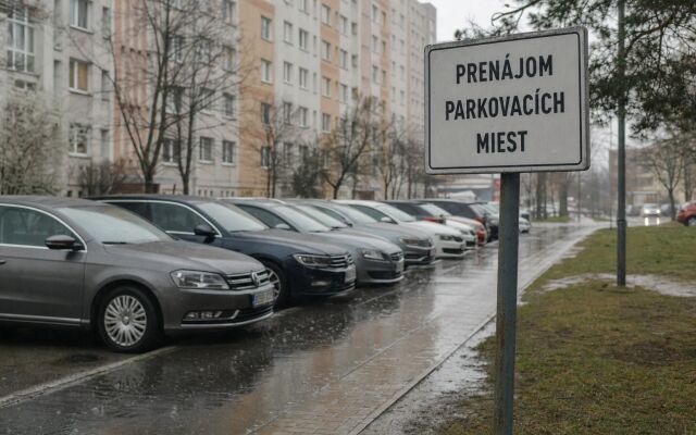 Parkovacie miesto v Ružinove s modernými garážami a okolím plným zelene