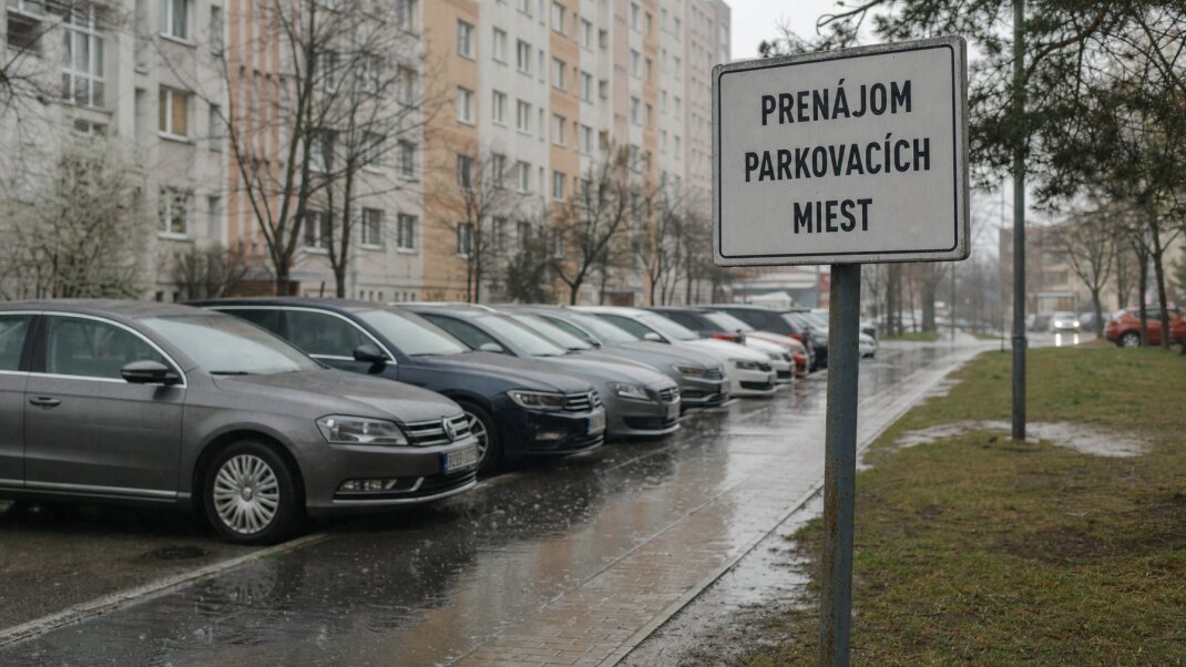 Parkovacie miesto v Ružinove s modernými garážami a okolím plným zelene