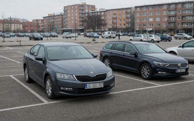 Preplnené parkovisko pri obchodnom centre s autami zamestnancov a zákazníkov