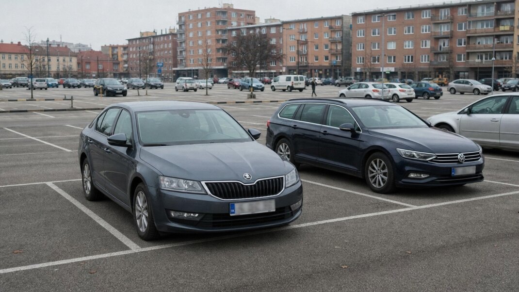 Preplnené parkovisko pri obchodnom centre s autami zamestnancov a zákazníkov
