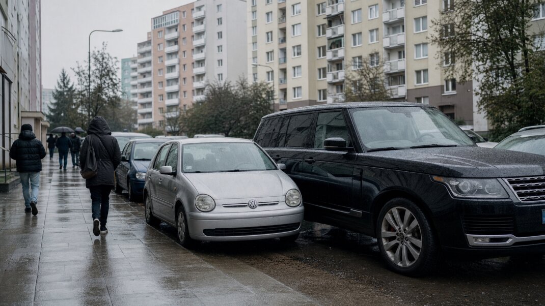Parkovisko so SUV a malým autom na sídlisku v Bratislave