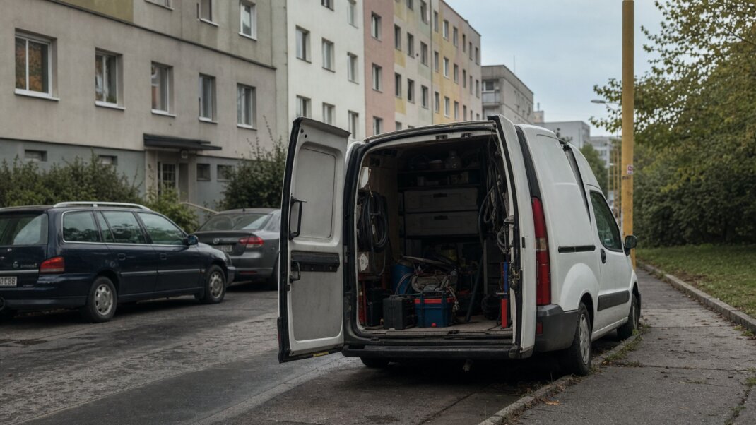 Remeselník s náradím pred panelákom v Bratislave, snažiaci sa zaparkovať