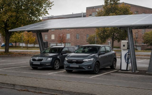 Solárny carport s autami parkovanými pod fotovoltickými panelmi v Bratislave