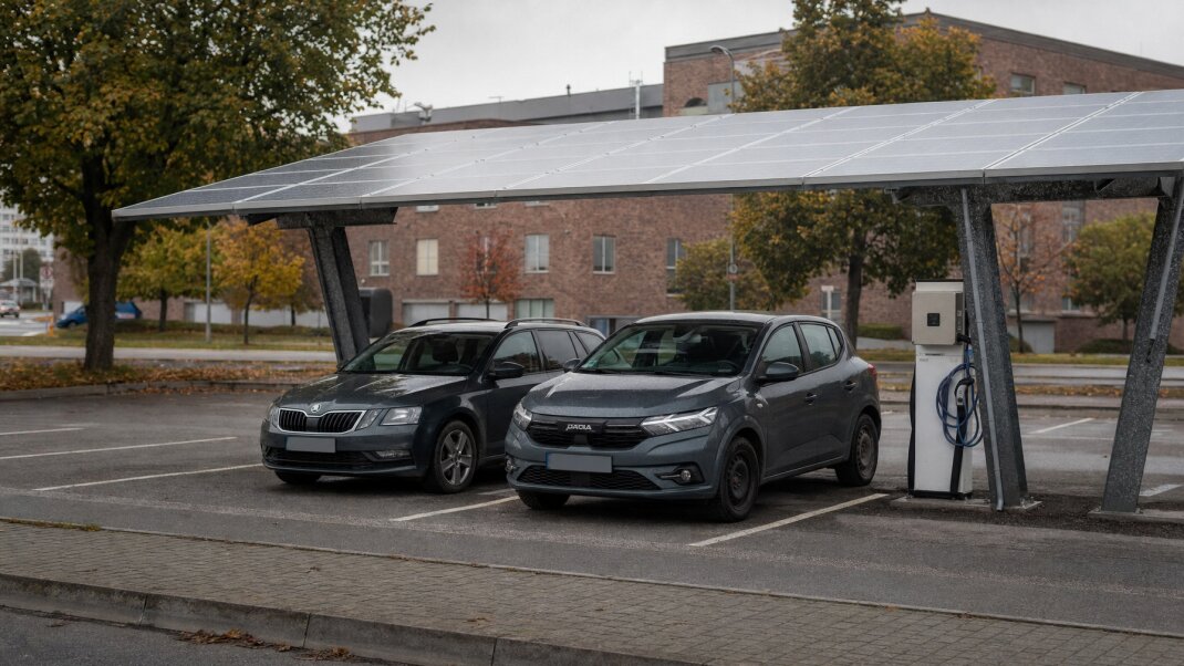 Solárny carport s autami parkovanými pod fotovoltickými panelmi v Bratislave