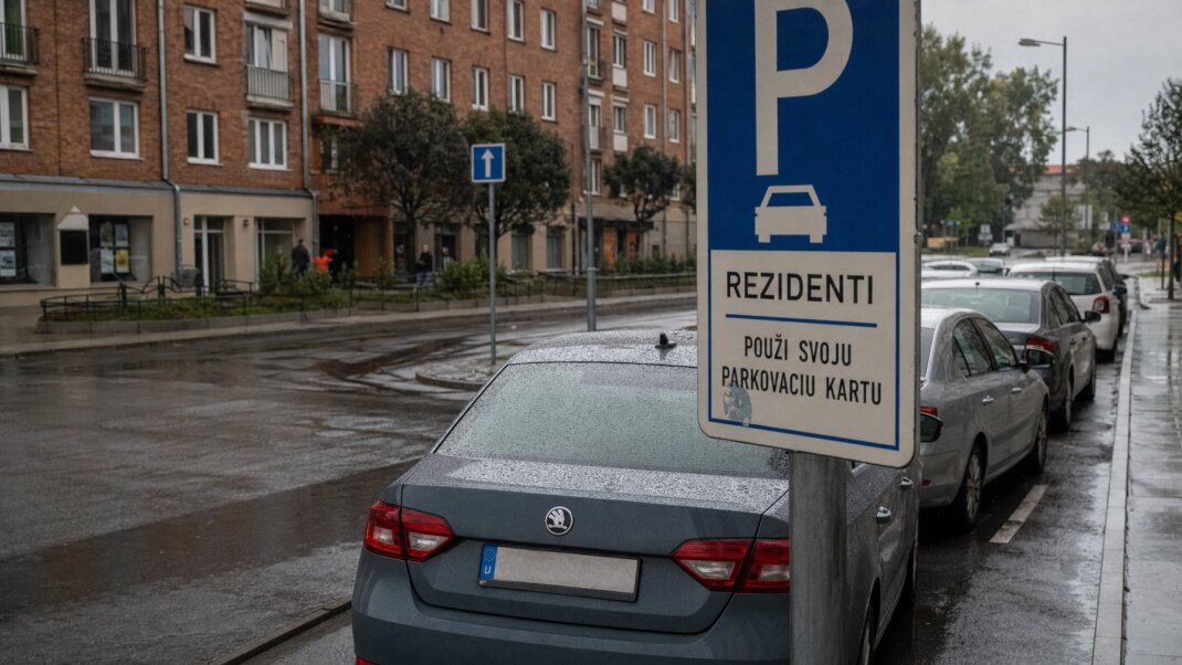 Parkovisko v Trenčíne s autami a mestskou budovou v pozadí
