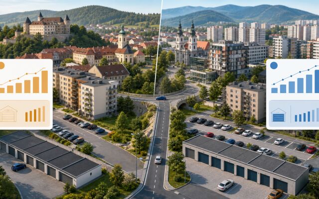 Dve blízke mestá s garážami a odlišnými analytickými kartami – ilustračný obrázok porovnania.