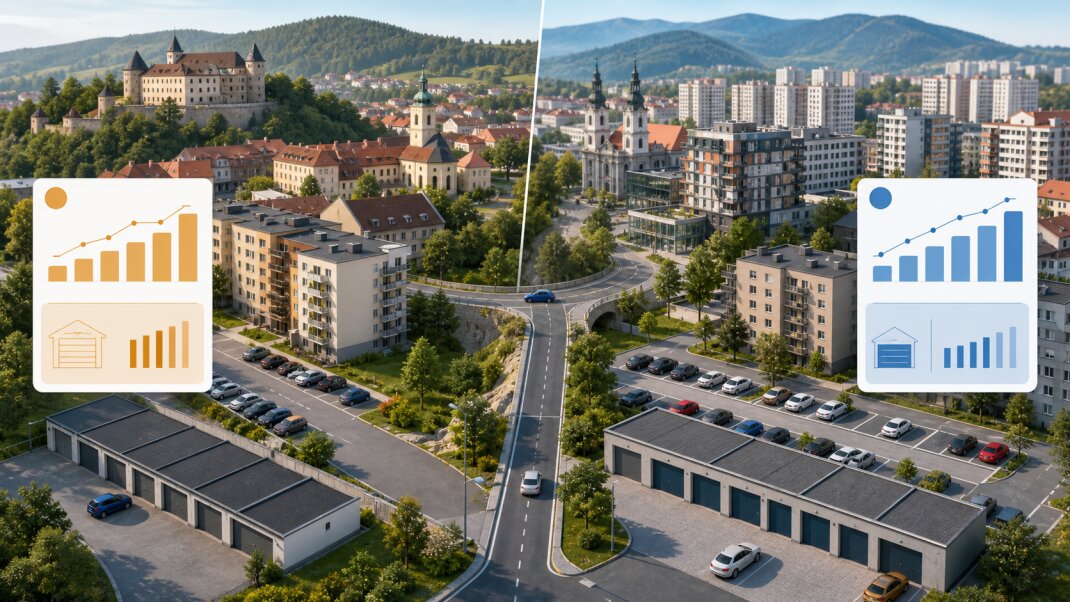 Dve blízke mestá s garážami a odlišnými analytickými kartami – ilustračný obrázok porovnania.