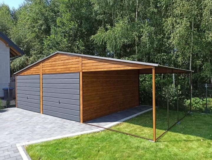 Plechová garáž s prístreškom 6x6m a 3m